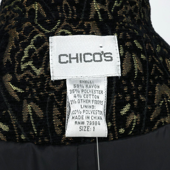 Chicos Jacket 1 Womens Medium 8 Black Gold Metallic Lined Burn out Brocade New - Picture 3 of 16